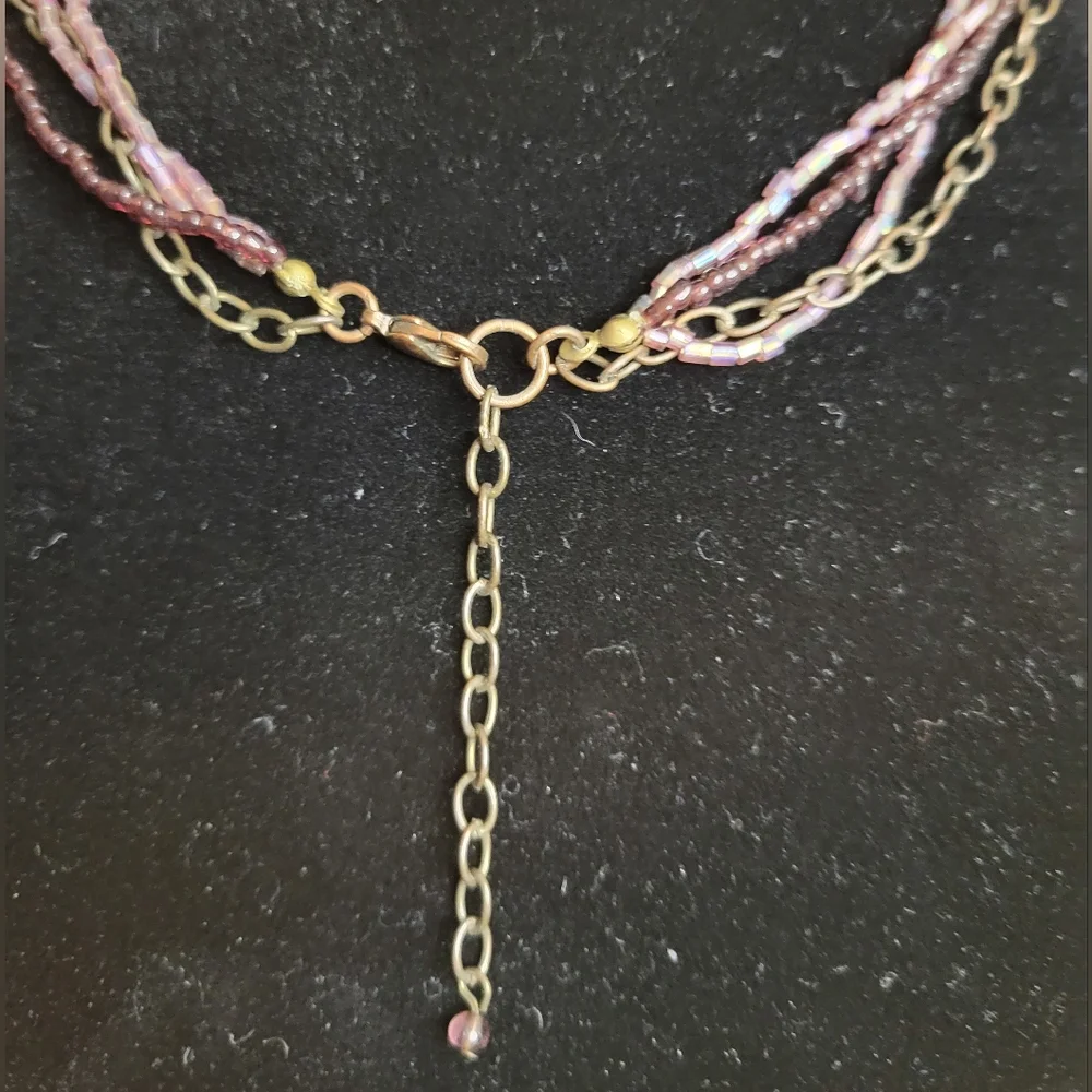 Vintage Purple & White Enamel Square Pendant Multi-strand Beaded Chain Necklace
